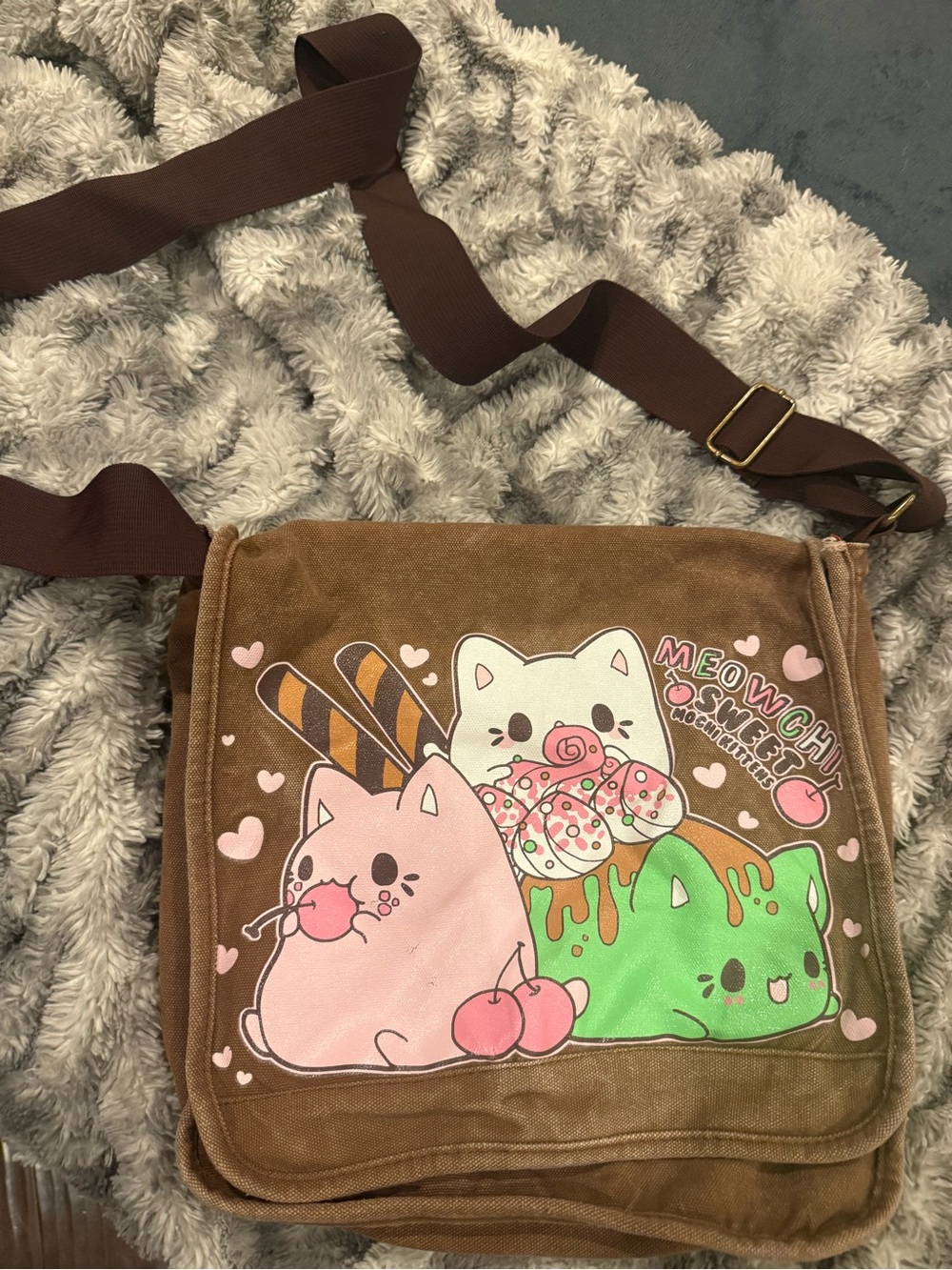 Tasty Peach Studios Crossbody Bag with Pink & Green Cat Dessert Print